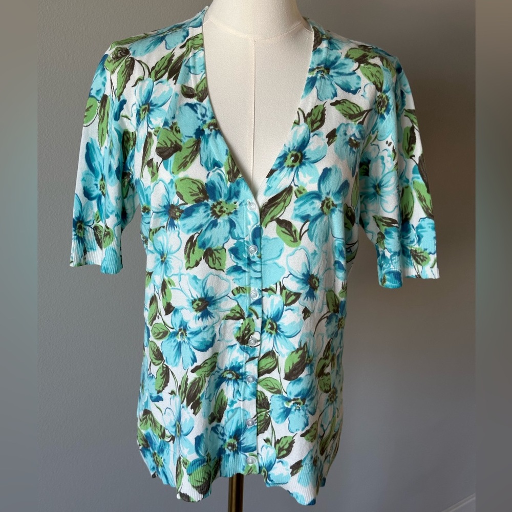 Chadwicks 82% Cotton Turquoise And White Floral Button Down Knit Cardigan Top- M